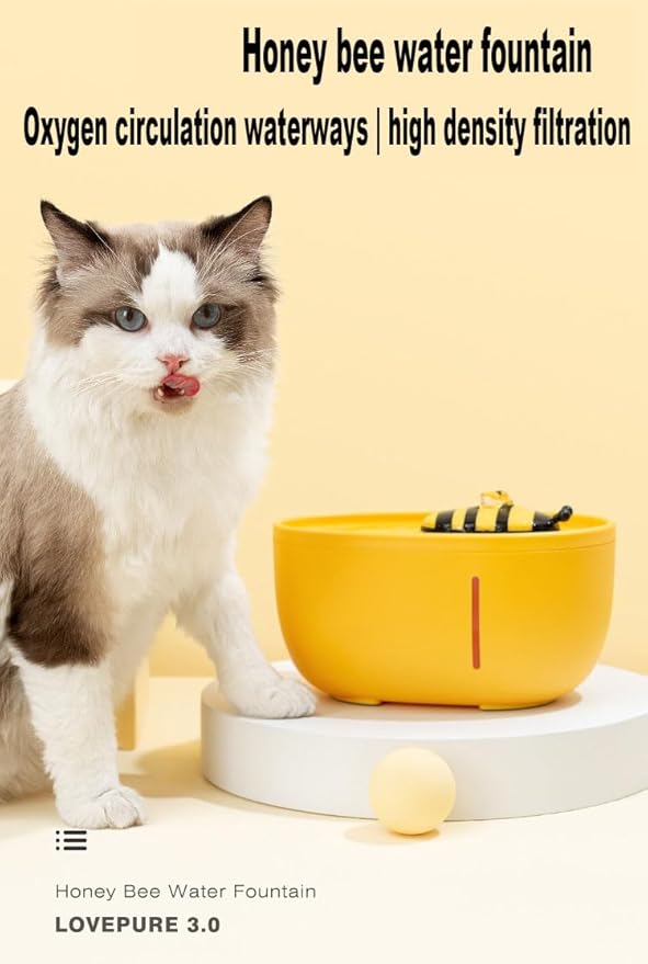 70oZ(2L) Water Fountain for Cats with Candy-Shaped Spout, 4-Layer Filter, Silent Pump, and Anti-Slip Base - Enhance Your Cat's Drinking Experience! (bee-Yellow)