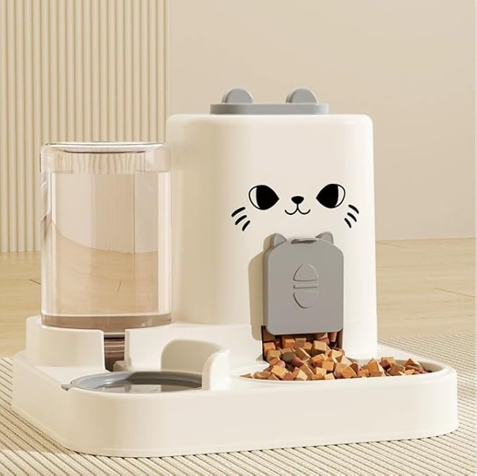 Cat Water Dispenser and Automatic Cat Food Feeder Integrated Water Feeder (Cat face Gray, 10.63x9.06x10.63in)