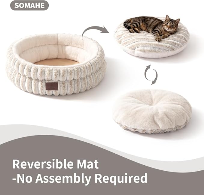 SOMAHE Cat Bed, Round Plush Faux Fur Donut Cuddler – Machine Washable Calming Cat Bed for Indoor Cats & Kittens, Removable Cushion Non-Slip Fluffy Kitten Bed, Cozy Small Cat Nest, 20" Inch White