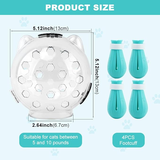 Cat Muzzle for Grooming, Adjustable Breathable Transparent Cat Astronaut Helmet with 4 Silicone Paw Shoes for Bath Nail Trimming(Size:M)