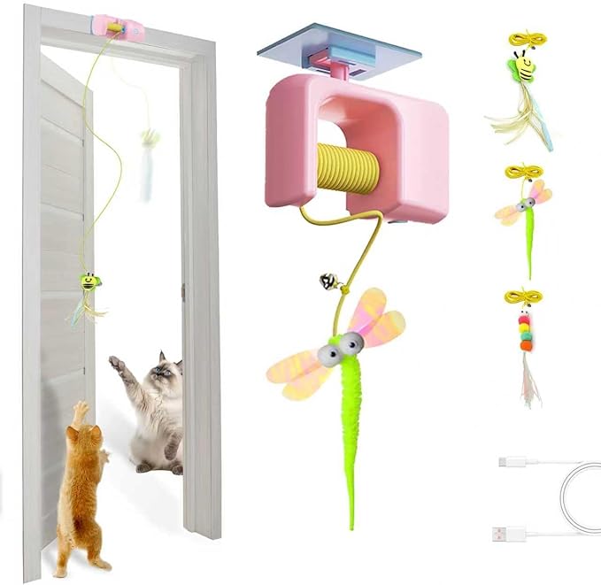 Automatic Electric Hanging Cat Toy for Indoor Cats, Motion Sensor Doorway Cat Teaser with Retractable Rope, 3 Replacement Feathers, USB Rechargeable, Pink