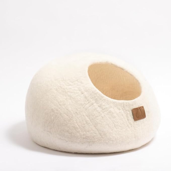 Best Aesthetic Cat Bed - Premium Felted Wool Cat Cave Bed - Cozy Peekaboo Round Cave for Large or Small Cats (Small, Snow White)