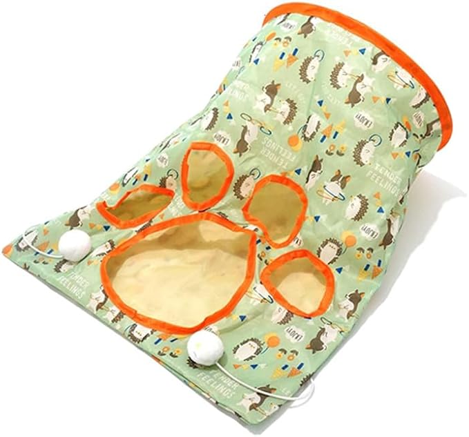 Cat Tunnel Bag for Indoor Cats, Foldable Pet Tunnel Crinkle Sack Bag with a Little Mouse & 3 Toy Ball, Portable Crinkle Paper Interactive Hide and Seek Cat Toys (Green)