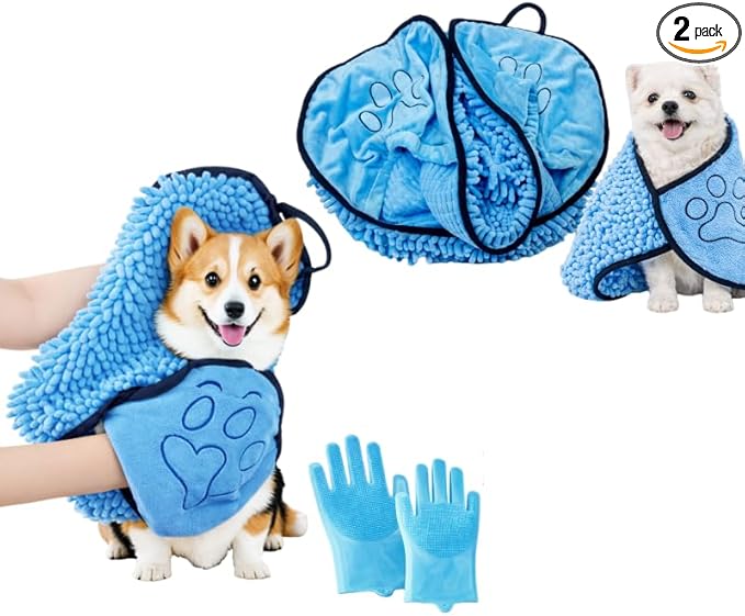 Super Absorbent Dog Bath Towel & Grooming Glove Set – Soft Chenille Dog Drying Towel for Small Dogs & Puppies, Quick Dry, Machine Washable, Non-Toxic, Blue