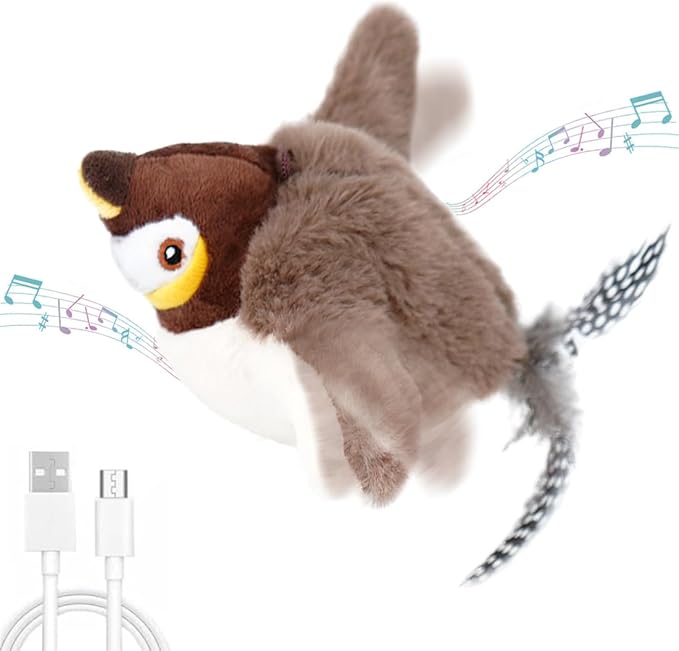 Flapping Chirping Bird Cat Toy(Non-Flying), USB Charging,Touch Activated Plush Toy,Simulates Bird Wing Flapping and Sounds, for Cats,Dogs & Small Pets (Large, SPARROW-01)