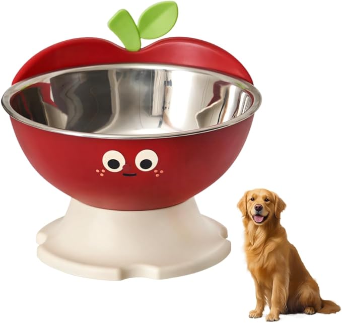 Elevated Cat Dog Bowl Apple Shape, Non Slip Pet Feeder with Stainless Steel Inner, Anti Vomiting Neck Protection for Small Medium Pets