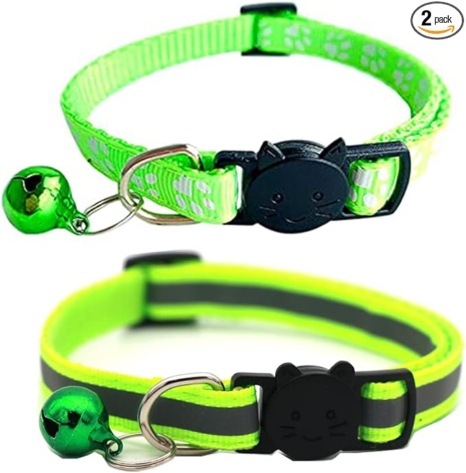 2 Pack Cat Collars Quick Release Reflective Kitten Collar with Bell & Safety Release (Fluorescent Green)