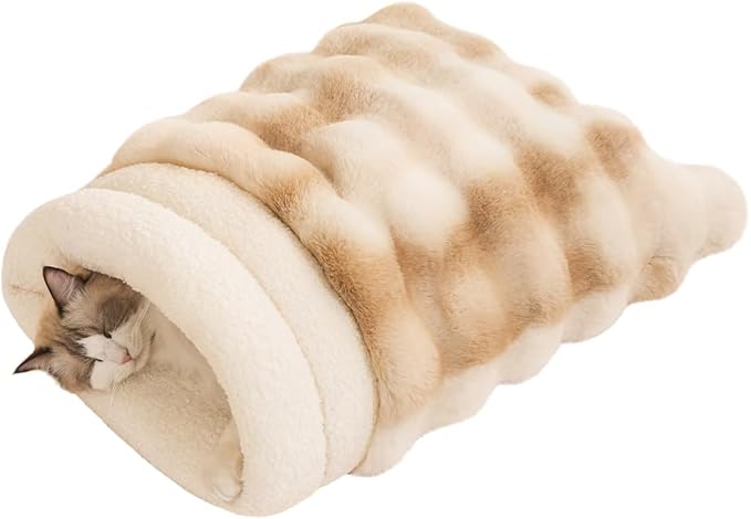 SOMAHE Cat Sleeping Bag for Indoor Cats, Faux Fur Pet Cave Bed & Burrow Nest, Reversible Plush Snuggle Sack, Portable Foldable Mat, Machine Washable, Anti-Static, 21.7"x17.7" Beige