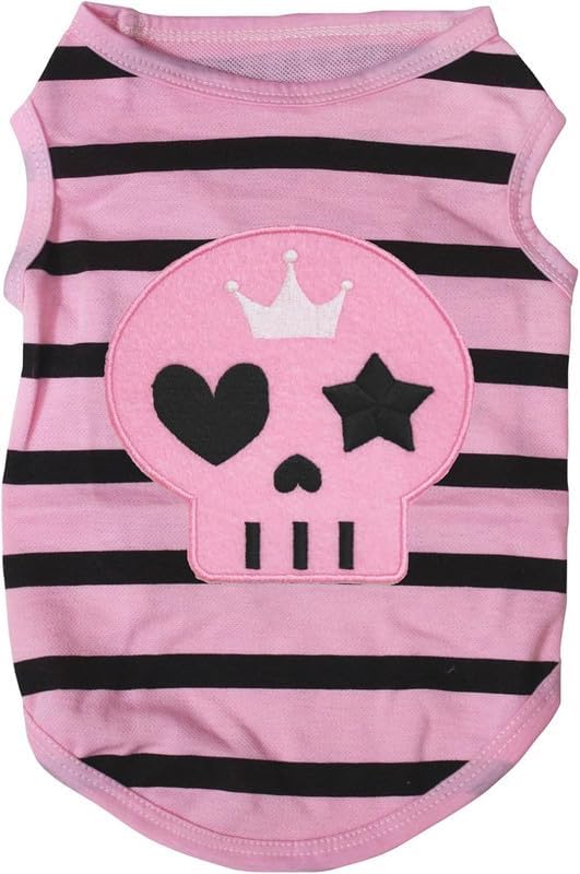 Petitebella Black Skull Face Puppy Dog Shirt (Pink/Black Stripes, X-Large)