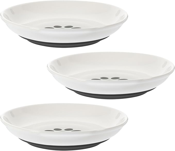 VOSAREA 3pcs Wide Ceramic Cat Food Bowls with Nonslip Black Silicone Base, Shallow Round Dish Set for Indoor Cats Feeding and Watering