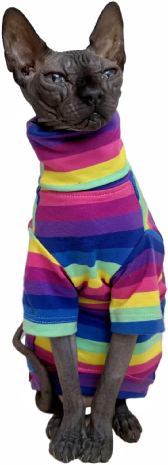 Vintage Stripes Sphynx Hairless Cats Shirt Cotton Cat Turtleneck Pet Clothes Kitten T-Shirts with Sleeves for Sphynx Cornish Rex, Devon Rex, Peterbald (Rainbow Stripe, S (3.3-4.4 lbs))
