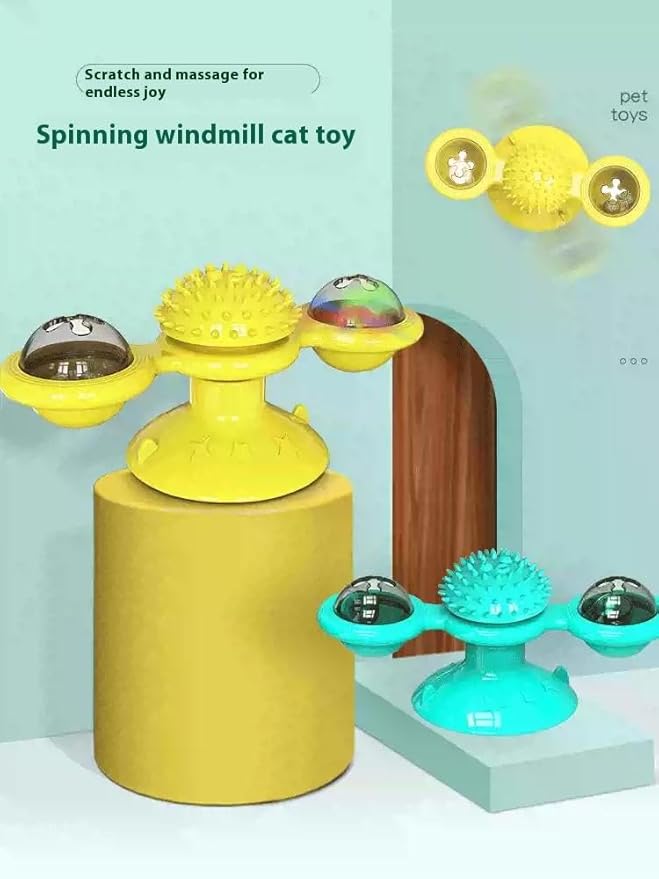 Interactive Windmill Cat Toy with LED Light Ball & Suction Cup – Rotating Catnip Toy for Indoor Cats, Mental Stimulation & Exercise-Yellow