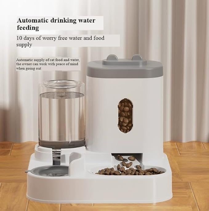 Cat Water Dispenser and Automatic Cat Food Feeder Integrated Water Feeder (Cat face Gray, 10.63x9.06x10.63in)