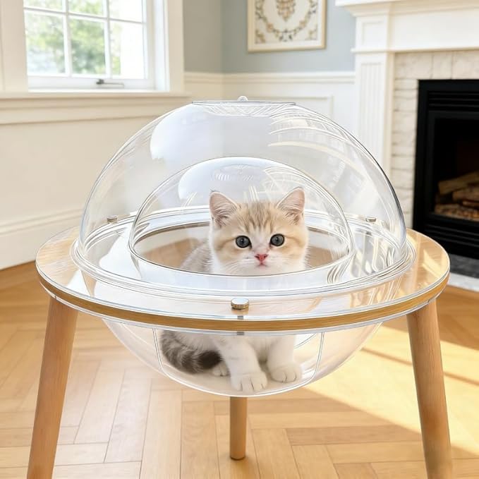 Large Cat Cave House with 360° Immersive Cat TV - 2-in-1 Cat Bed & Fish Tank, Heavy-Duty Plywood Base + 4mm Acrylic, Internal Tunnel, Indoor Cat Enrichment Furniture