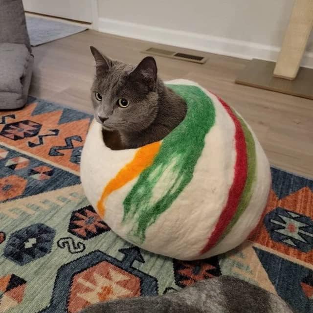 Woolygon Premium Felt Cat Cave Bed – Wool Kitty Beds Handcrafted Kitten Caves Bed for Indoor Cats - Made from Merino Wool, Foldable Cat Hideaway Covered Cat House Pod (Candy Swirl)