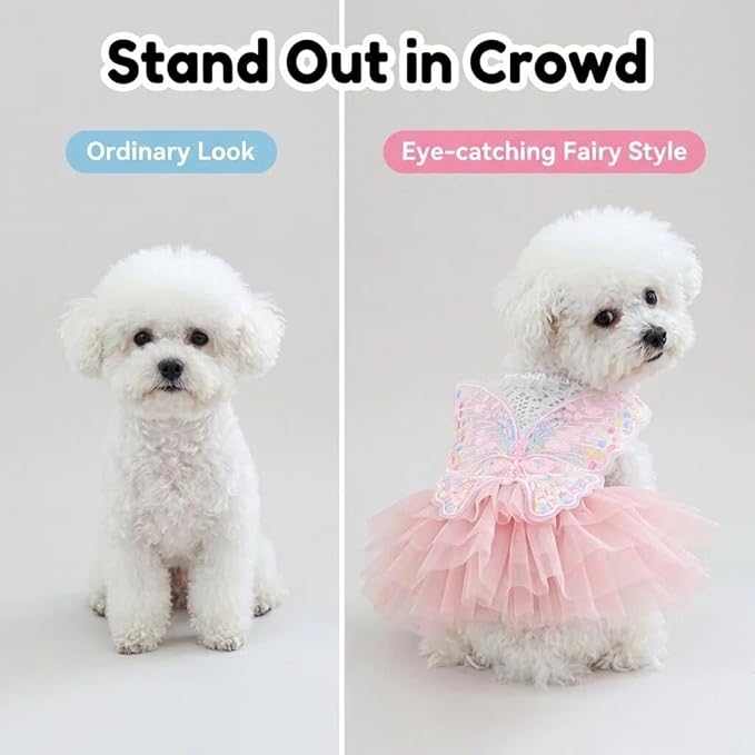 Fairy Dog Dress Cat Princess Outfit with Pink Tulle Skirt & Butterfly Wings, White Knit Top with Lace Collar, Pet Clothes for Small Dogs Cats Birthday Wedding Halloween 8.3-10lbs(Pink,M)