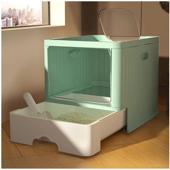 Pet Supplies, Large Enclosed Cat Litter Box with Lid, Top Entry Drawer Design & Scoop(Green)