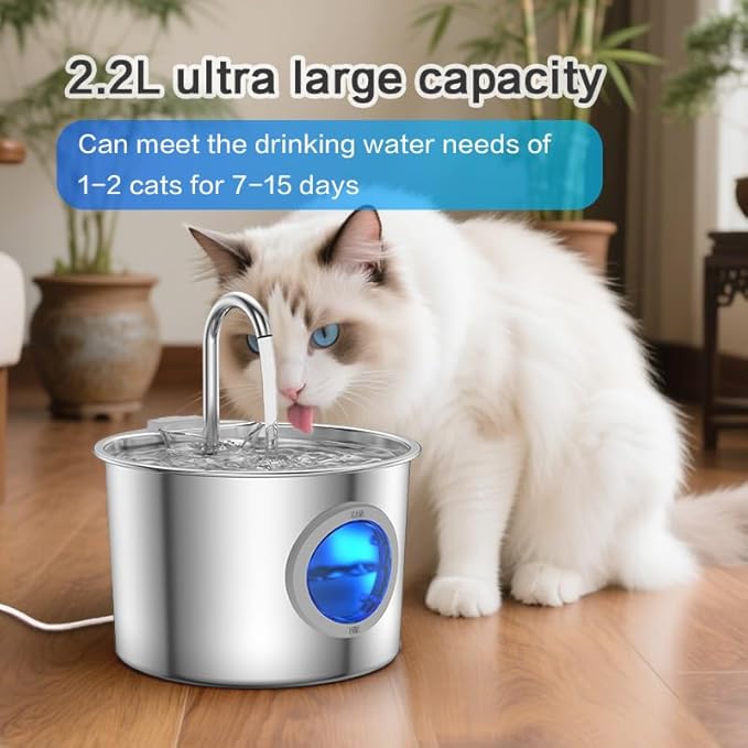 Premium Cat Water Fountain - Whisper-Quiet, 304 Stainless Steel, Smart Pump for Hydration Obsessed Cats | 74oz, 6 Filters Included (74oz Fountain+6 Filters +6 Sponges)
