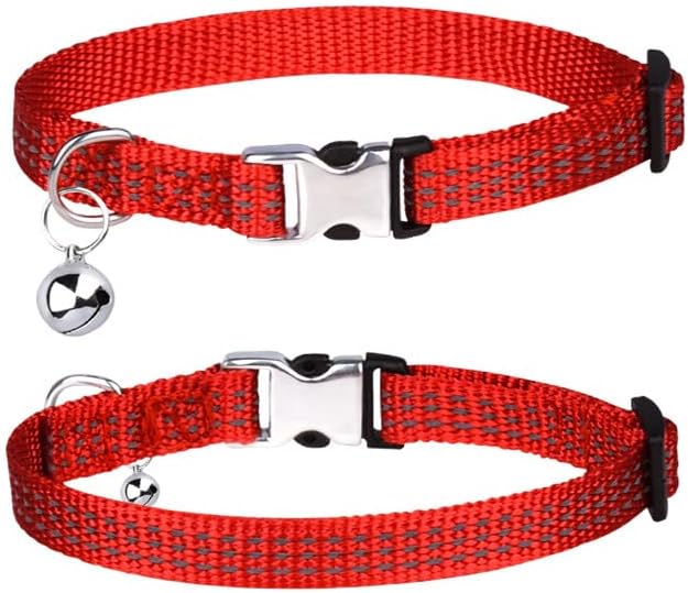 THAIN Cat Collar Personalized Reflective with Bell-Custom Cat Collar Engraved nameplate with Name and Phone,Adjustable for Cats and Kitten (Red)