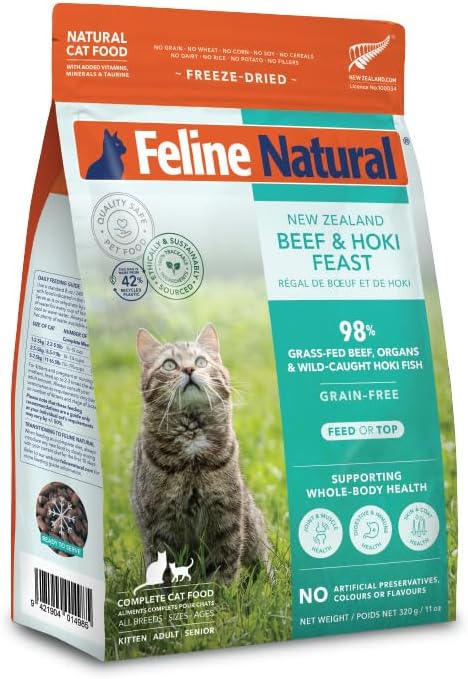 Feline Natural High Protein Dry Cat Food, Freeze-Dried Diet with 98% Meat, Organs & Seafood, No Peas, Grains, or Artificial Additives, Made in New Zealand, Beef & Hoki, 11oz