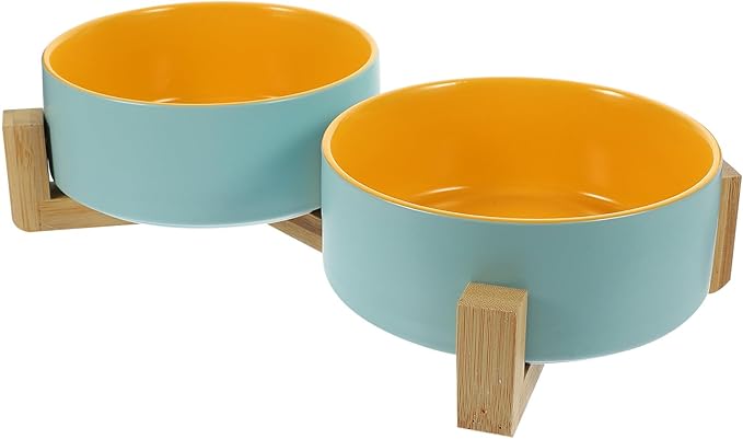 TEHAUX Ceramic Elevated Cat Bowls with Matte Two-Tone Blue and Yellow Inner Bowls and Dual Wooden Stand, Small Size Feeding and Watering Station for Kittens and Cats