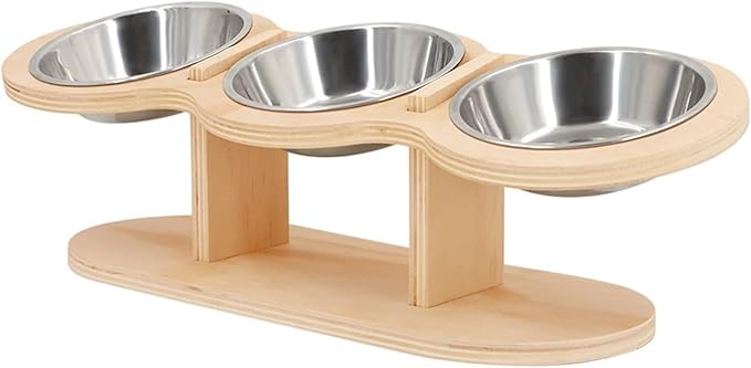 Raised Cat Feeder 3 Bowls in 1 Feeding Watering Supplies 15° Puppy Stainless Steel Wood Stand Cats Accessories