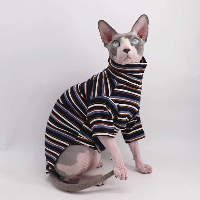 Turtle Neck Vintage Stripes Sphynx Hairless Cat Cotton T-Shirts Pet Clothes Vest Kitten Shirts Sleeveless, Cats & Small Dogs Apparel (Vintage Deep Blue, XL (9-12.5 lbs))