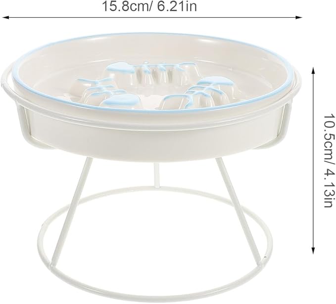 Kichvoe Elevated Ceramic Cat Bowl Slow Feeding Pet Feeder with Iron Stand Raised Slow Eating Dish for Cats and Small Dogs Blue and White for Whisker Relief