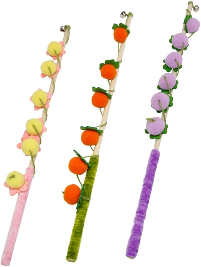 Interactive Cat Wand Toys with Fruit Design, 3 Pack, for Indoor Kitten,Yellow Orange Purple (Yellow Orange Purple, Medium)