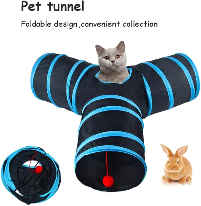 Cat Tunnel Tube Toy Collapsible 3 Way Black Blue, Pet Tunnels for Indoor Cats, Play Tubes with Hanging Ball Perfect Interactive Toys for Fun Playtime & Exercise for Kitten, Puppy, Rabbit