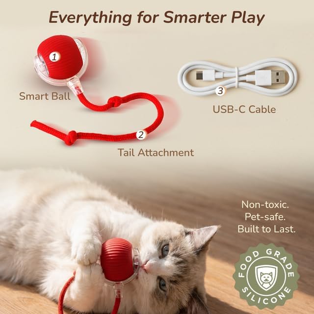 Smart Ball 2.0 - Automatic Cat Toy & Interactive Dog Toys for Small Dogs - Moving Cat Toy Ball for Indoor Cats - Motion Activated, Light Up, USB-C Rechargeable Pet Toy, 2 Speed Modes [Red]