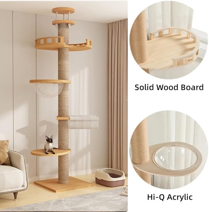 Cat Tree Floor to Ceiling,Solid Wood Height Adjustable Cat Tower,6-9.5ft Tall Cat Tree with Scratch Post for Large Cats,Aesthetic Multi-Level Cat Climbing Tree for Indoor Cat (L)