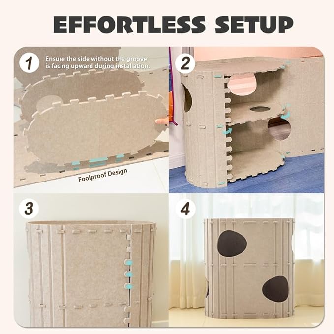 PETKARAY 2-Story Felt Cat House, Large Bed Cave for Indoor Cats, Felt Tunnel Hideaway Condo for Multi-Cat Households, 23.6x22x12 inches, Grey