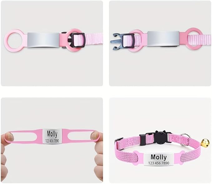 Personalised Cat Collar Adjustable Reflective Nylon with Cat Pattern Breakaway, Safety Quick Release, Bell, Custom Stainless Steel Name Tag & ID Number Plate (8"-10.6", Multiple Colors)