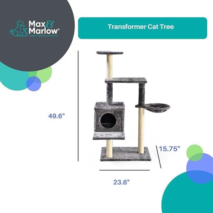 Max & Marlow 3-in-1 Cat Tree Condo Up to 50" | Transforming Cat Activity Tree & Condo | 3 Different Ways to Set Up, Gray,4070201