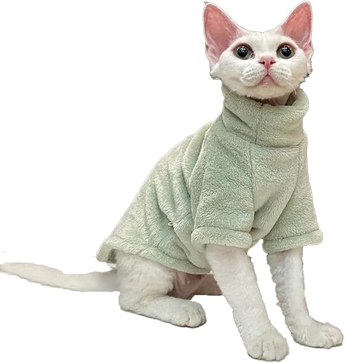 Sphynx Cat Clothes Winter Turtleneck Soft Coral Fleece Cat Clothes Thicken Warm Pajamas Coat for Hairless Cats and Small Cat Apparel with Sleeves (Forest Green, XL (9.3-12.7lbs)