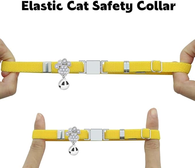 Personalized Safety Elastic Cat Collars with Bell,Laser Customized Stretch Kitten Collars for Girls Boys Cats-Yellow
