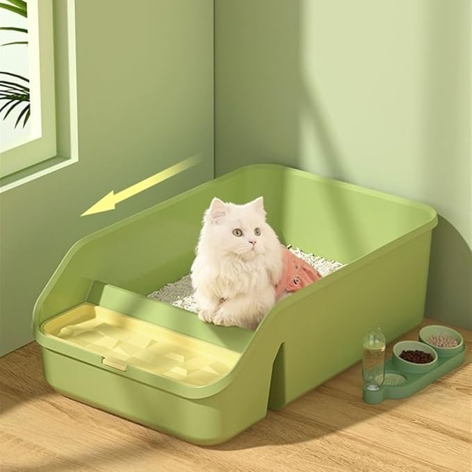 Pet Supplies, Open Top Cat Litter Box with High Sides, Semi-Closed Pan for Indoor Cats(Green)