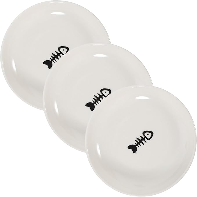 3pcs Small Ceramic Cat Bowls Shallow Round Food Dishes with Nonslip Gray Silicone Bottom for Kitten Feeding and Watering