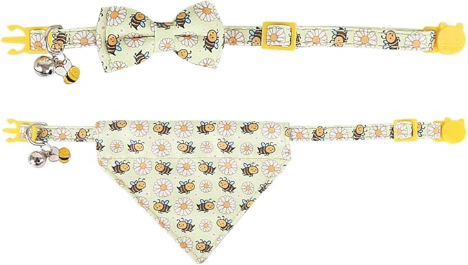 Cat Collar Breakaway with Cute Bow Tie Bandana and Bell Accessories Bee for Kitty Adjustable Safety