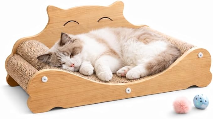 Cat Scratcher Lounge Cardboard, 3-in-1 Cat Sofa Bed for Indoor Cats, Durable Scratch Pad & Resting Bed, Curved Wooden Cat Furniture,