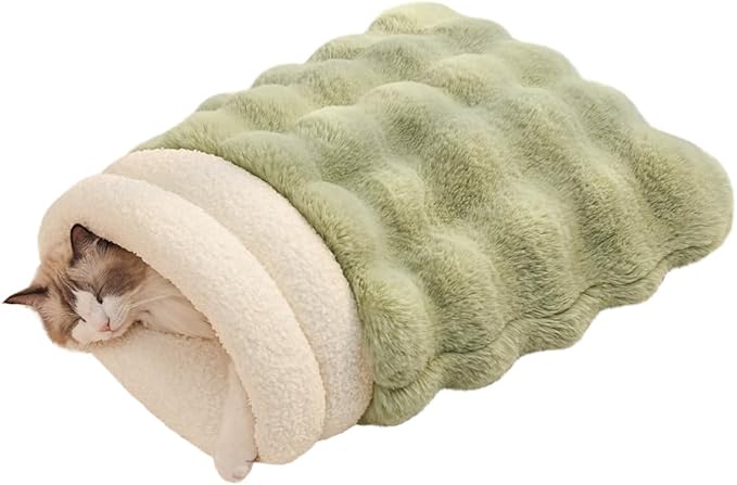 SOMAHE Cat Sleeping Bag for Indoor Cats, Faux Fur Pet Cave Bed & Burrow Nest, Reversible Plush Snuggle Sack, Portable Foldable Mat, Machine Washable, Anti-Static, 21.7"x17.7" Green