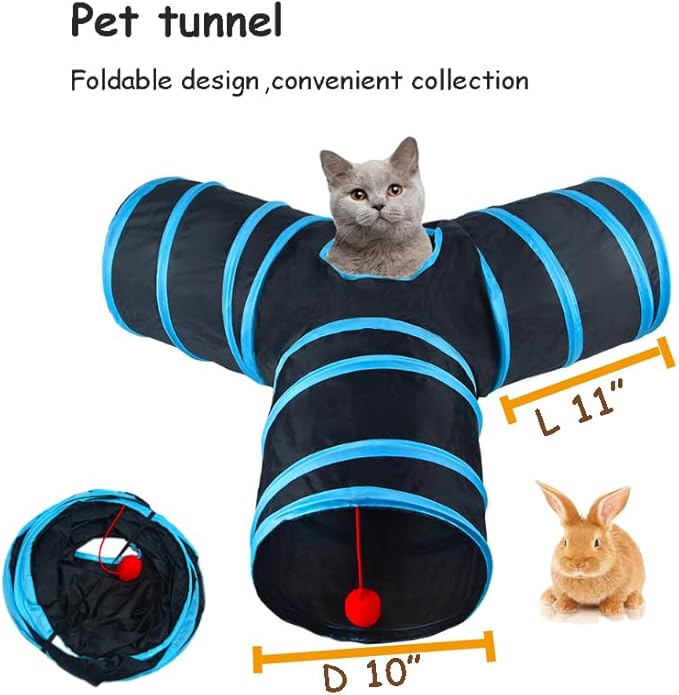 Cat Tunnel Tube Toy Collapsible 3 Way Black Blue, Pet Tunnels for Indoor Cats, Play Tubes with Hanging Ball Perfect Interactive Toys for Fun Playtime & Exercise for Kitten, Puppy, Rabbit