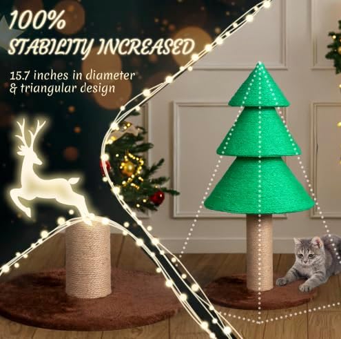 VINGLI 31.5in Christmas Tree Cat Scratcher, Green Cat Scratching Post for Indoor Cats, Large Sisal Cat Scratching Tree Tower with Soft Fleece Base, Stable Cat Tree for Kittens & Adult Cats