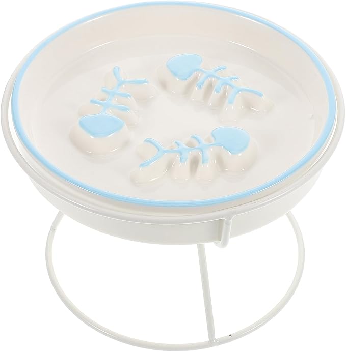 Happyyami Elevated Ceramic Cat Slow Feeder Bowl with Stand, Anti-Choke Slow Food Dish for Indoor Cats and Small Dogs, Blue and White Dual-Color Feeding Station Protecting Pet Spine