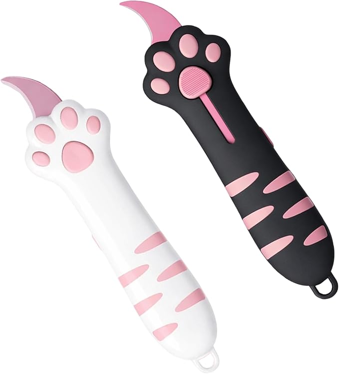 Pink and Black Two-Pack，Cat Paw Box Cutter, Retractable Cat Claw Box Cutter, Stainless Steel Blade for Package Opening