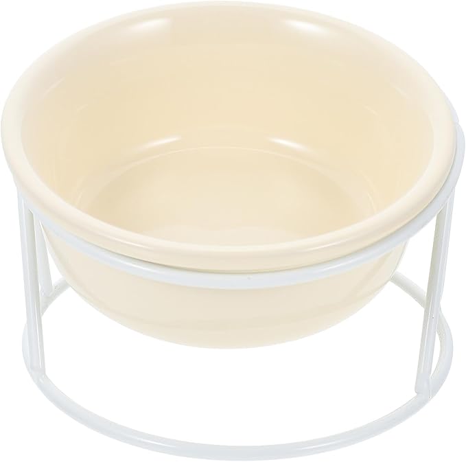 Ceramic Cat Feeder Bowl Elevated Pet Food Holder with Iron Stand Beige Raised Water and Food Dish for Cats and Dogs Neck Protection