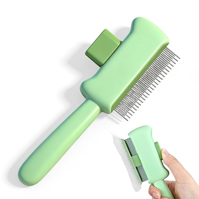 Cat Self Cleaning Pet Hair Removal Comb, Cat Grooming Brush With Long Short Stainless Steel Metal Teeth, Pet Grooming Brush For Home, Portable Cat And Dog Grooming Comb For Travel (Green)