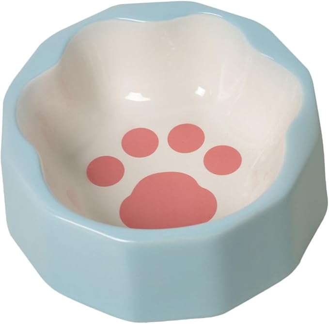 Kichvoe Ceramic Pet Feeder Bowl with Tilted Design, Blue Small Cat and Dog Food Dish, Cute Animal Paw Print Bowl for Indoor Feeding and Watering