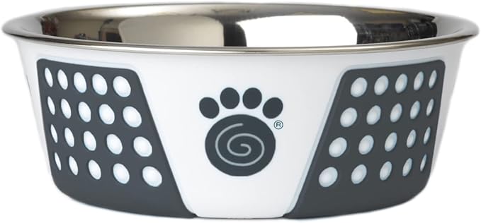 PetRageous 15001 Fiji Stainless Steel Non-Slip Dishwasher-Safe Dog Bowl 3.75-Cup Capacity 6.75-inch Diameter 2.5-inch Tall for Medium and Large Dogs, White and Slate Blue